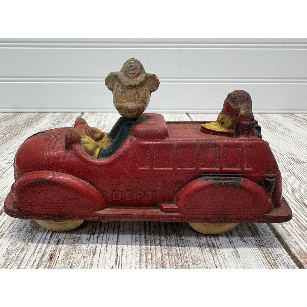 Vintage Walt Disney 1930's Sun Rubber Mickey Mouse w/Donald Duck Red Fire Truck